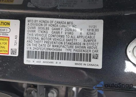 2022 Honda Civic Lx из США, поврежденный, VIN 2HGFE2F28NH545884